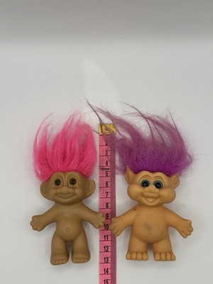 X2 Vintage Russ Troll Puppen 90er lila und rosa Haare kleine Größe