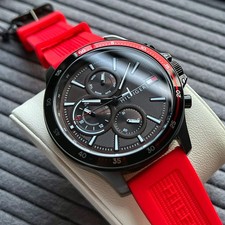 BRAND NEW GENUINE TOMMY HILFIGER  1791722 RED STRAP BLACK CASE BANK WATCH