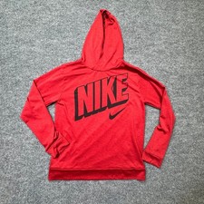 Nike Dri Fit Hoodie Kids L Red Center Logo Graphic Long Sleeve Athletic Pullover