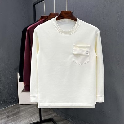 Herren Langarm Einfarbig Tasche Spleißen Lose Manschette Rundhals T-Shirt