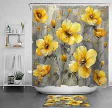 Summer Plant Green Leaf Yellow Wilflower Shower Curtain Set for Bathroom Decor