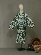 Uzbek ikat chapan,cotton kaftan cape,boho green coat,ethnic abaya,cover kimono