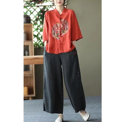 Chinese style cotton linen shirt embroidered top women's stand up collar party- - Bild 9 von 22