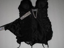34 B or 34 C Victoria's Secret Satin Black Crystallized Garter Bustier Set NWT