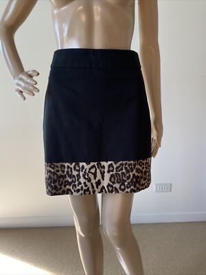 Banana Republic Black Stretch Cotton Skirt with Leopard Animal Print Hem Sz  00P