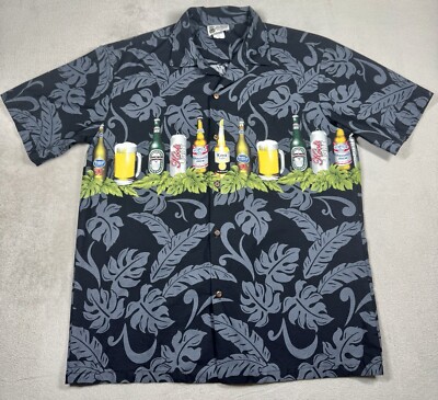 ALOHA REPUBLIC SHIRT MEN LARGE HAWAIIAN TROPICAL FLORAL BLACK BEER COCKTAIL