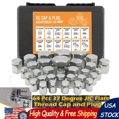 64 Pcs 37° JIC Cap & Plug Kit, Hydraulic Hose Tube & Pipe Fitting Set, 45# Steel