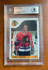 Autographed 1985-86 Topps TOM LYSIAK Chicago Black Hawks Card #23 Beckett Slab