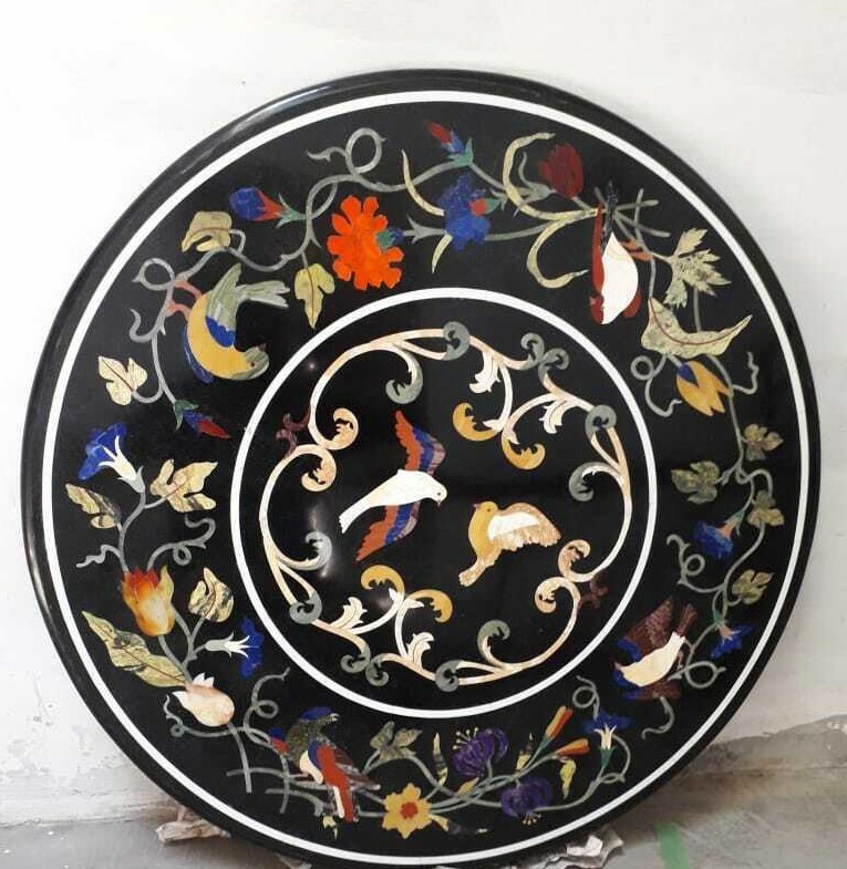 36-Inch Black Marble Round Coffee Table with Pietra Dura Handicraft Decor
