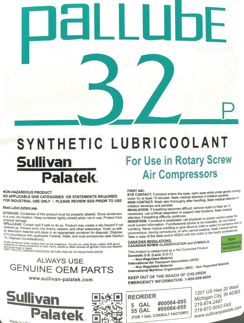 00064-006 SULLIVAN PALATEK PALLUBE 32 1 GAL SYNTHETIC ROTARY AIR COMPRESSOR OIL