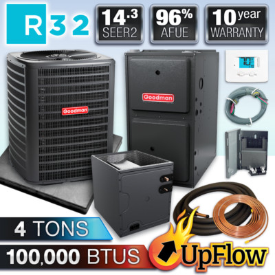 Goodman Upflow 4 Ton Gas Furnace & R32 AC System, 14.3 SEER2 100K BTU 96% AFUE