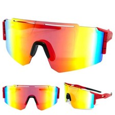 Oversize RETRO SPORTS WRAP AROUND Shield Cycling SUN GLASSES Large Big Red Frame