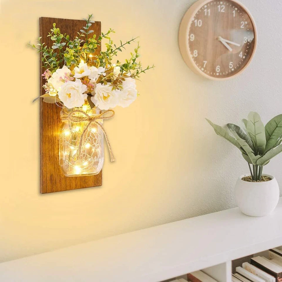 Mason jar wall lamp handmade wall art hanging design with remote control LED - Image 2 of 4