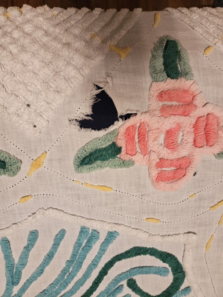 Vintage Full/Queen Chenille Peacock Bedspread for Crafts/Upcycle/Repair