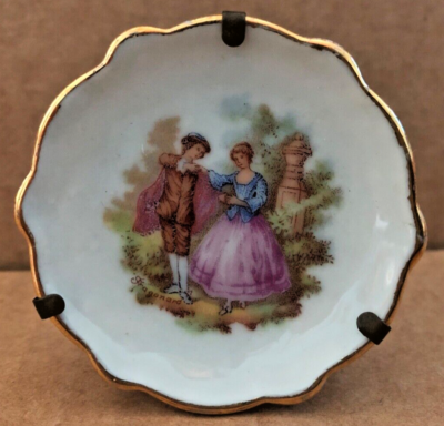 Vintage LIMOGES FRANCE Miniature Porcelain Plate w/ Brass Stand