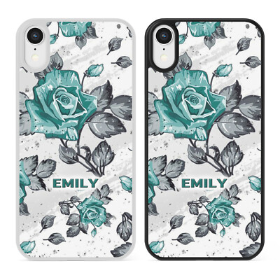 Personalisierte Handyhülle BLAUE ROSEN BLUMEN für iPhone Samsung Name Initialen