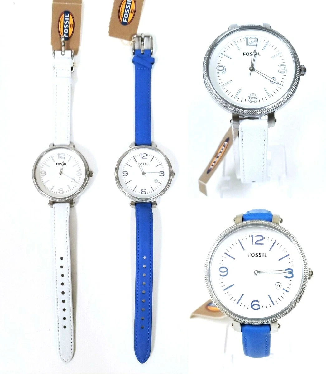 NEW FOSSIL HEATHER SILVER TONE WHITE OR BLUE THIN LEATHER BAND WHITE DIAL WATCH