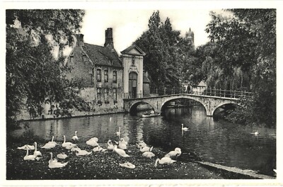 Bruges Belgium Beguinage Entrance Bridge Canal Swans RPPC Style Chrome Postcard