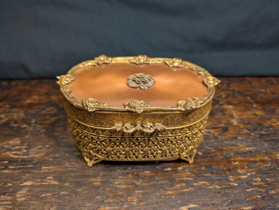 Vintage Hollywood Regency Pierced Ormolu Guilloché Gold Oval Trinket Jewelry Box