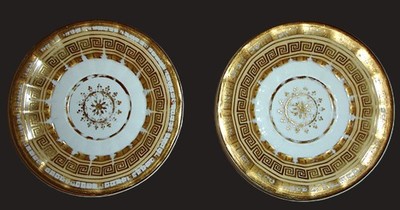 Two Gilt Glass Porcelain Saucers Shreve, Crump and Lowe Sticker Unbranded