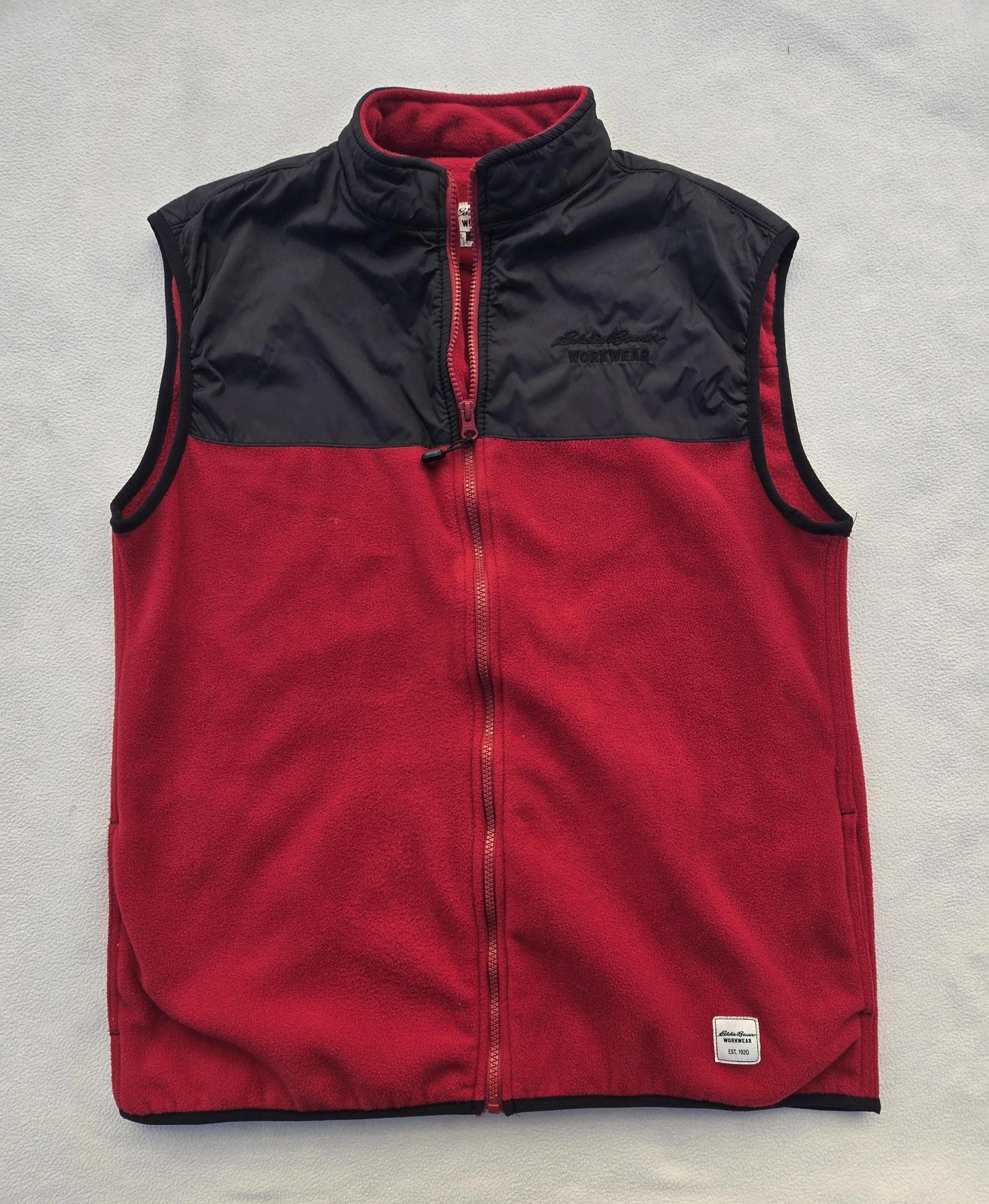 Eddie Bauer Workwear Vest Mens Medium Red Black Fleece Foreman Fit Zip Front