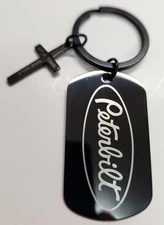 Peterbilt Black Steel Keychain Laser Engraved Logo and Semi Truck.