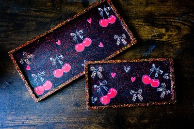 Handmade Resin Jewelry Trays Set of 2   Cherry Design, Glitter Edge, Trinket...