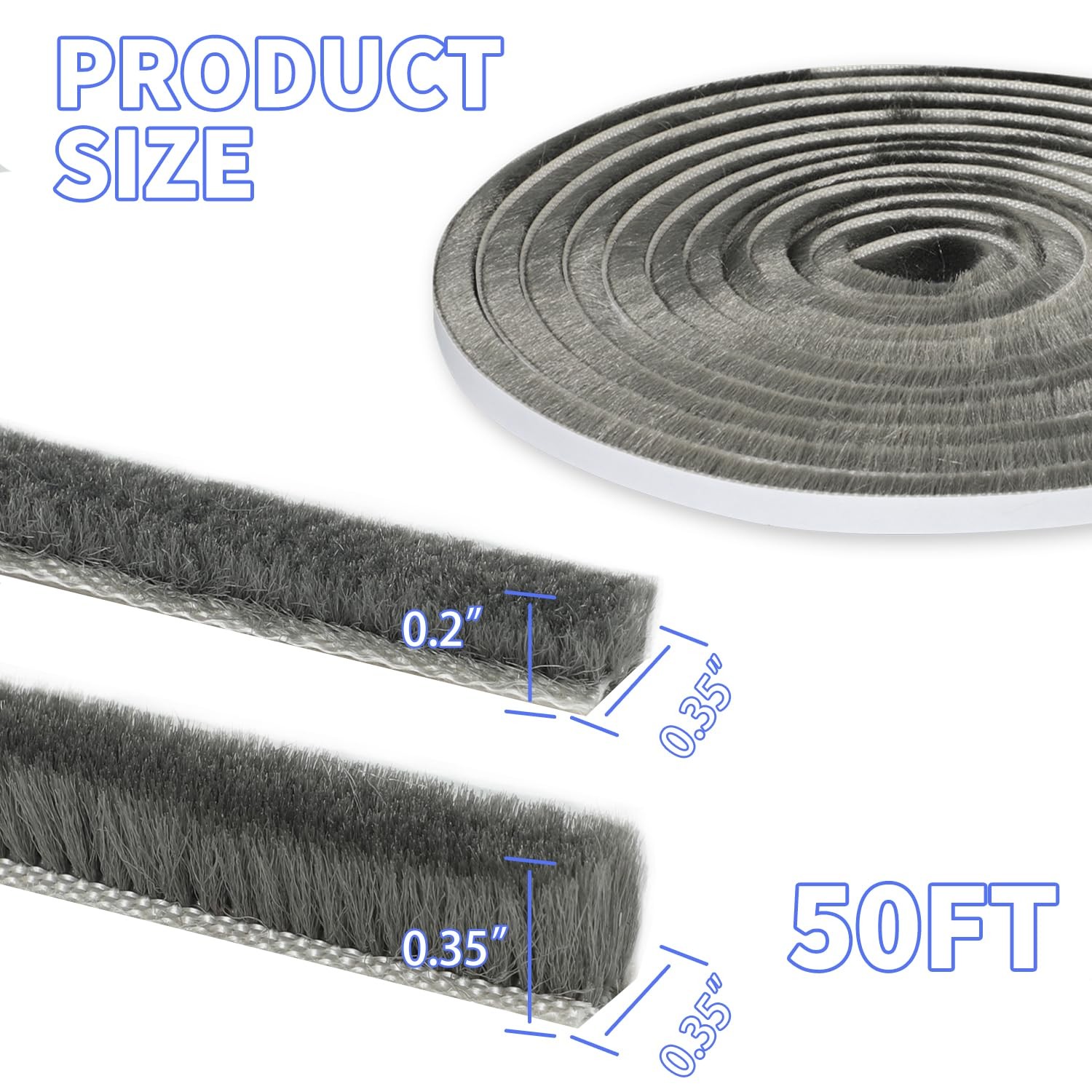 50Ft Self-Adhesive Brush Weather Stripping Door Seal 0.35" Wide x 0.2" Thick ...