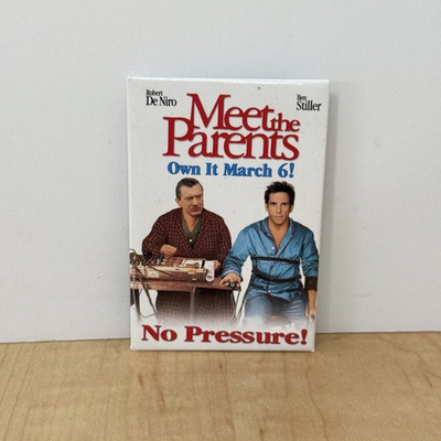 #ad Vintage 2001 Meet the Parents Promo Pin Button Own It March 6 No Pressure $2.95