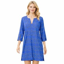 Jude Connally Megan Tunic Dress Blue Geometric Garden Gate 3/4 Sleeve Size Small
