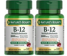 2 Pack Nature's Bounty B12 1000mcg 60ct Total 120 ct Cherry Flavor Exp 03/2028
