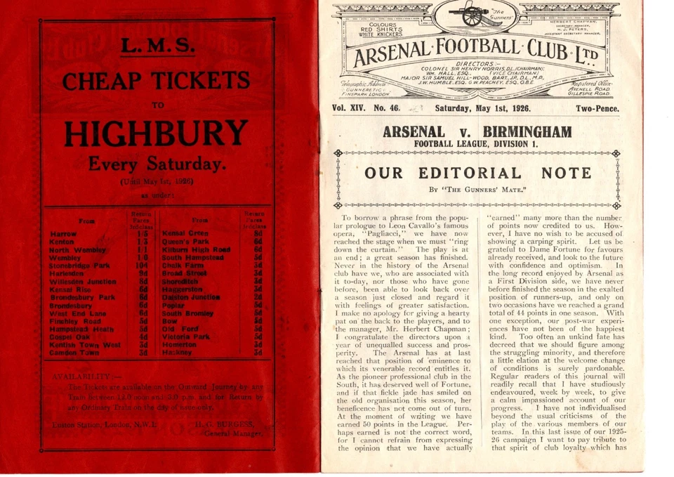 Arsenal V Birmingham Season 1925/26 Sat 1st May 1926 Excellent Condition - Image 3 of 4