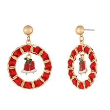 Christmas Gold Dangle Hoop Earrings for Women Red Bells Drop Charm with Red Ri