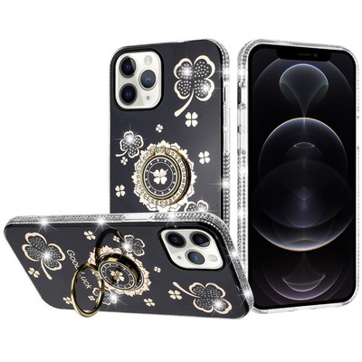 For iPhone 12 Pro Max Case Crystal Studded Ring Stand Bling + Tempered Glass