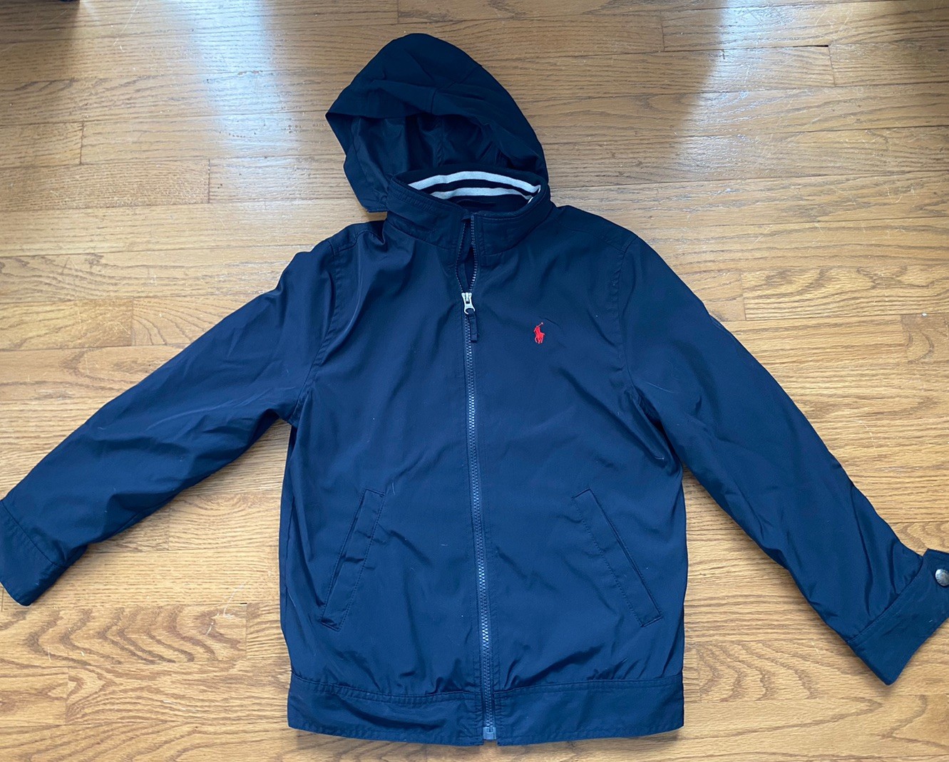 Ralph Lauren Polo Jacket Size M 10-12 Boys Tan Navy Blue Zip Up Hood Lined