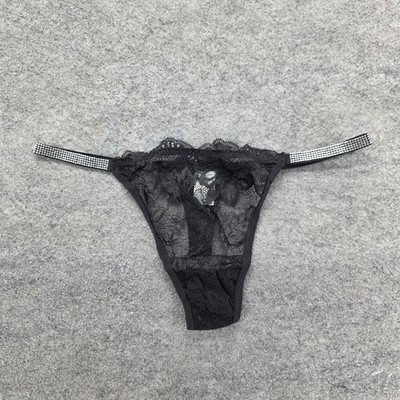 Knotty Knickers Panties Womens L Black Thong Lace Rhinestone Sheer Sexy