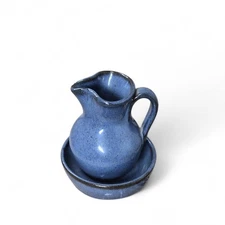 Jugtown Ware Blue Glazed Pitcher & Basin Set 1997 Signed VO & CM Collectible...