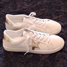 Vintage Havana White Leather Lace-Up Sneakers Metallic White Gold Foil W8/Y6.5