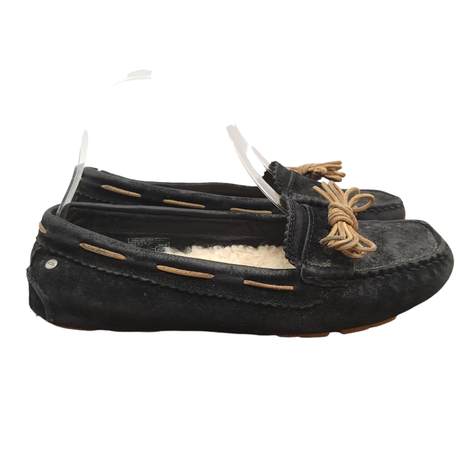 UGG Australia Mocassino Pantofole Donna 7 Nero Scamosciato Shearling Scarpe da Barca