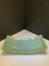 Green Footed Ceramic Serving Dish Handmade in USA Soap Change Key Leaf Herb Weed