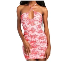 NWT Lulus Hot Off The Mesh Pink Floral Ruched Bodycon Halter Mini Dress LARGE