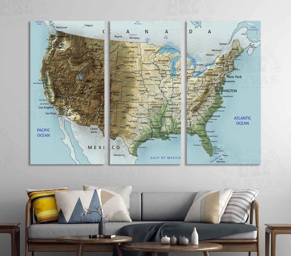 3D large map of USA print wall art decor framed States cities of America relief  - Image 3 of 4