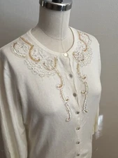 Apostrophe Cardigan Sweater M Ivory Angora Rabbit Hair Blend Gold Sequin Pearls