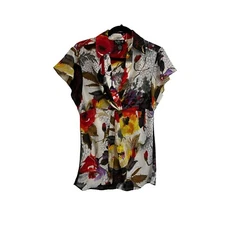 Ivy Chic Floral Watercolor Faux Wrap Short Sleeve Top Blouse Womens Size L