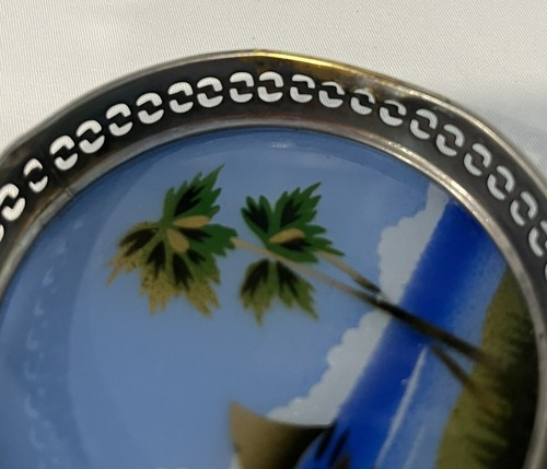 Vintage umgekehrt bemalt Glas Tablett & Untersetzer Set Strand Palmen Japan OVP - Bild 19 von 20