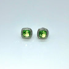 David Yurman Sterling Silver Studs Earrings Green Peridot Diamonds 7mm