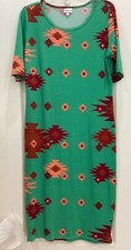 LuLaRoe Midi Sheath Dress Size L Green Red Orange Short Sleeve Pullover F46