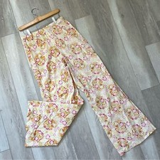 Floral Bohemian Pants wide leg womens Yellow Pink small 70s retro funky