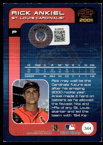 2001 Pacific Rick Ankiel St. Louis Cardinals #344 Beckett COA - Picture 2 of 2