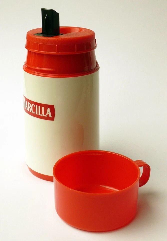 ºººTERMO CON TAZA PLÁSTICO ROJO MARCA ALADDIN PUBLICIDAD MARCILLA AÑOS 70 80ººº - Imagen 2 de 4